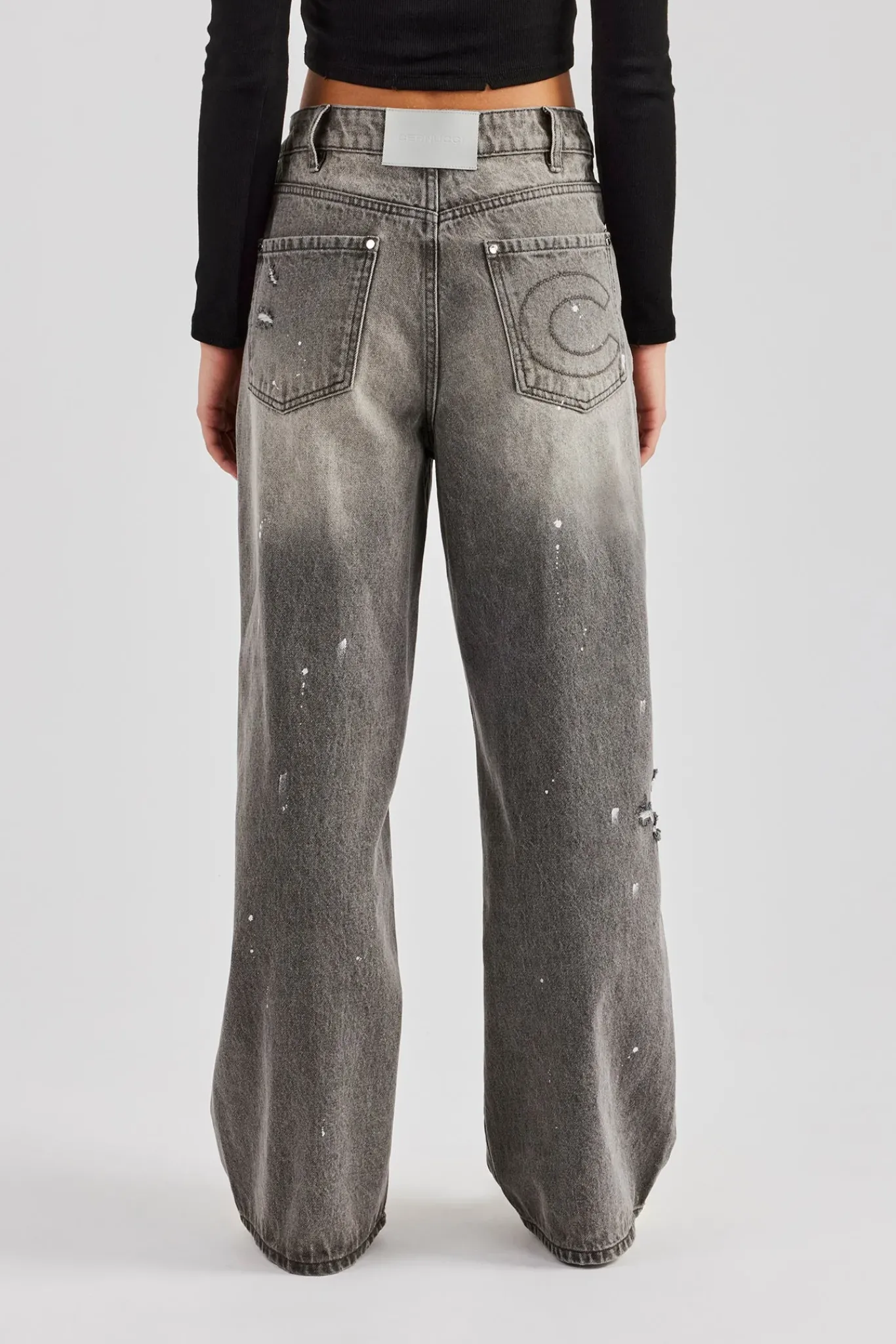Women CLO-BOT-DEN Distressed Paint Splatter Baggy Jean - Washed Grey