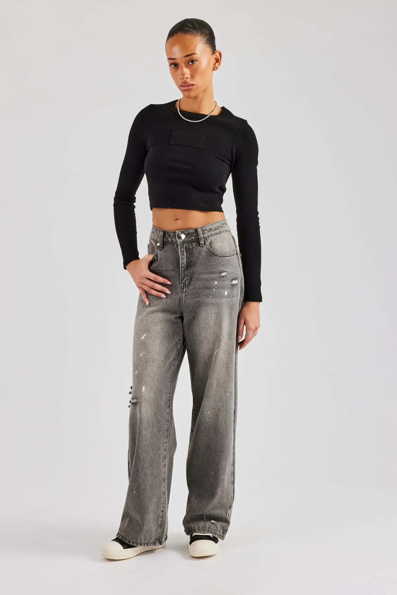 Women CLO-BOT-DEN Distressed Paint Splatter Baggy Jean - Washed Grey