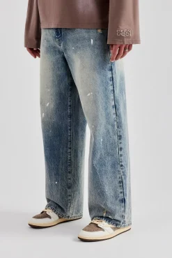 CLO-BOT-DEN Distressed Paint Splatter Baggy Denim Jean - Antique Wash