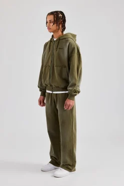 CLO-SET Distressed Zip Through Hoodie & Straight Leg Jogger - Washed Green