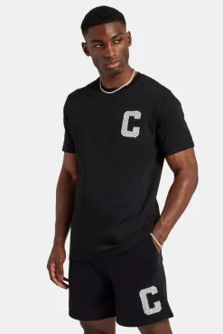 CLO-SET Embellished C T-Shirt & Short Set - Black