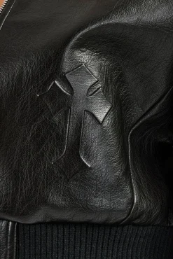 Women CLO-TOP-OUT Embossed Cross PU Bomber Jacket - Black