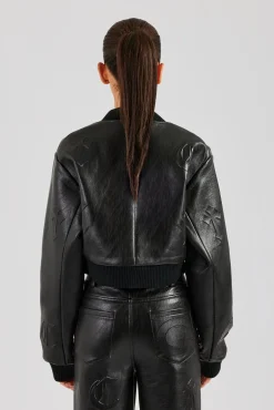 Women CLO-TOP-OUT Embossed Cross PU Bomber Jacket - Black