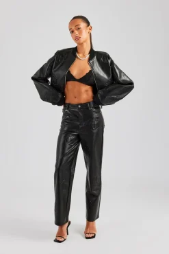 Women CLO-SET-DEN Embossed Cross PU Bomber & Straight Leg Trouser Set - Black