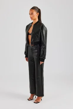 Women CLO-SET-DEN Embossed Cross PU Bomber & Straight Leg Trouser Set - Black