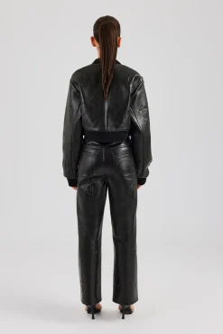 Women CLO-SET-DEN Embossed Cross PU Bomber & Straight Leg Trouser Set - Black