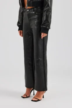 Women CLO-BOT-TRO Embossed Cross Straight Leg PU Trouser - Black