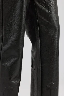 Women CLO-BOT-TRO Embossed Cross Straight Leg PU Trouser - Black