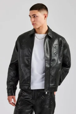 CLO-TOP-OUT Embossed Motif PU Harrington Jacket - Black
