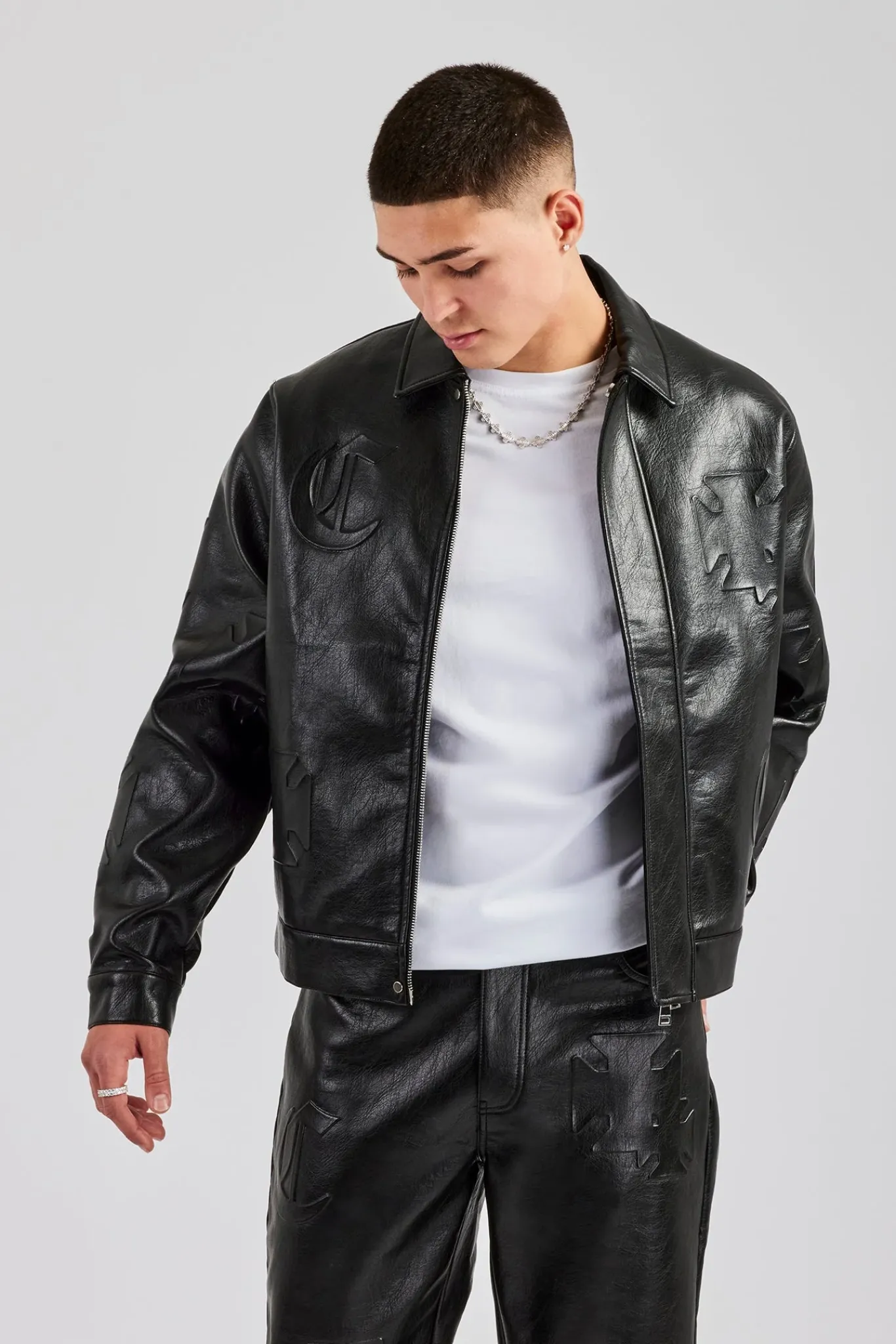 CLO-SET Embossed Motif PU Jacket & Trouser Set - Black