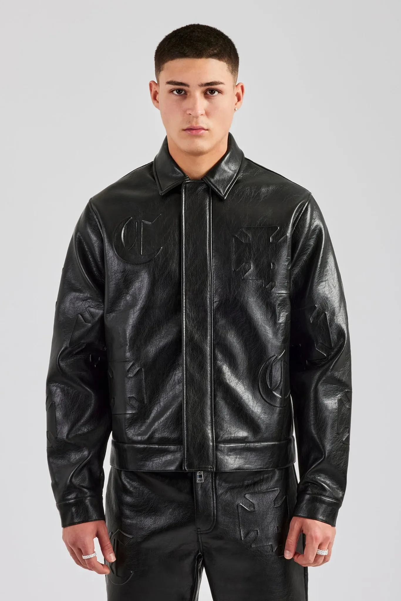 CLO-SET Embossed Motif PU Jacket & Trouser Set - Black