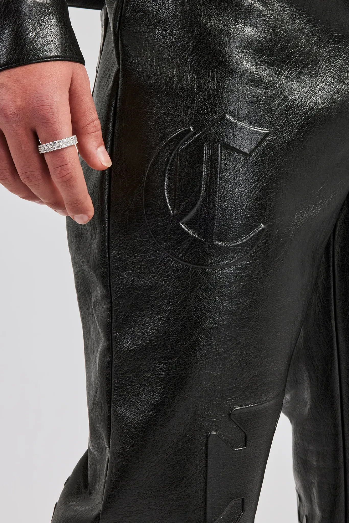 CLO-BOT-TRO Embossed Motif Straight Leg PU Trouser - Black