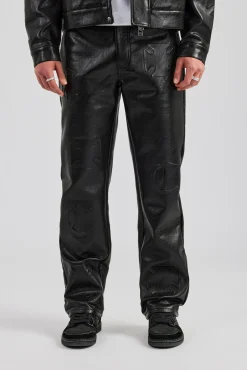 CLO-BOT-TRO Embossed Motif Straight Leg PU Trouser - Black