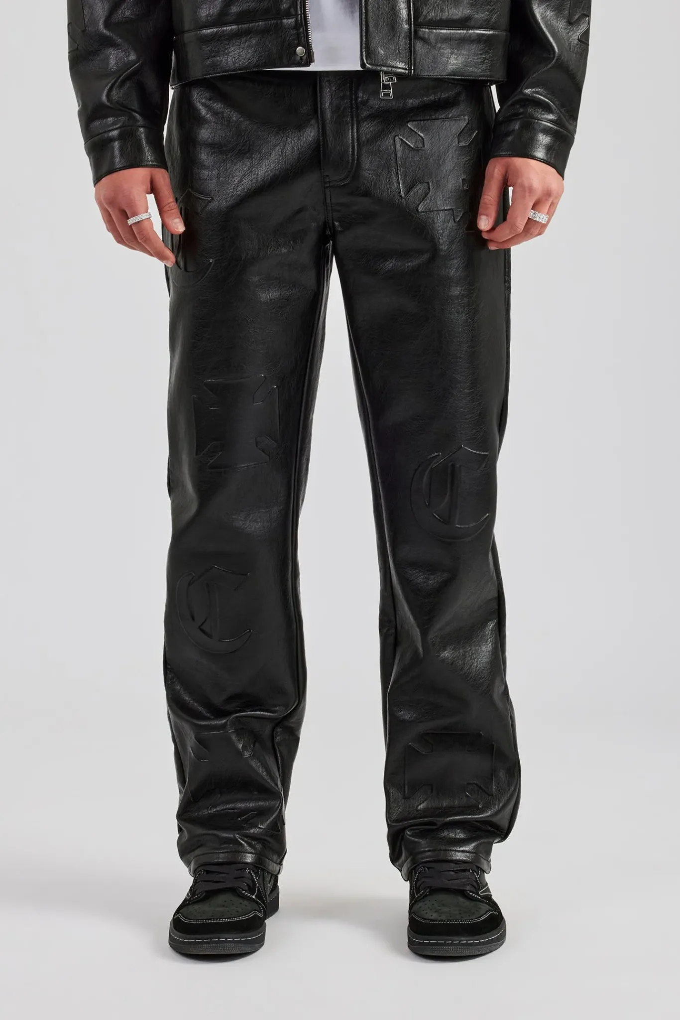 CLO-BOT-TRO Embossed Motif Straight Leg PU Trouser - Black