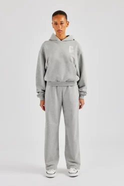 Women CLO-TOP-HS-HOOD Embroidered C Boxy Hoodie - Grey Marl
