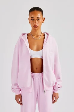 Women CLO-TOP-HS-HOOD Embroidered C Zip Through Hoodie - Pink