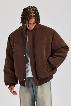 CLO-TOP-OUT Embroidered Puffer Bomber Jacket - Chocolate
