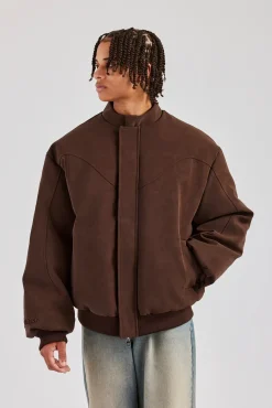 CLO-TOP-OUT Embroidered Puffer Bomber Jacket - Chocolate
