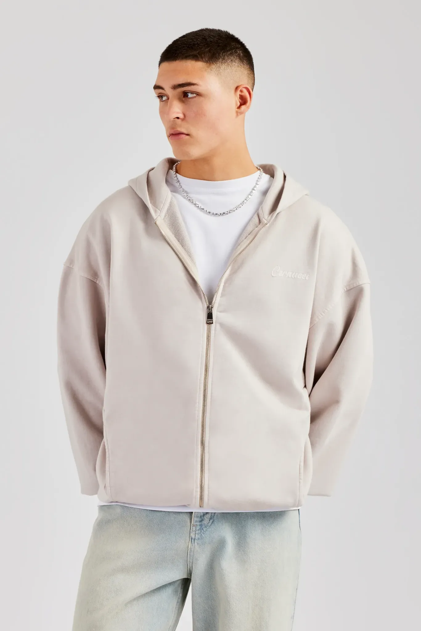 CLO-TOP-HS-HOOD Embroidered Zip Through Hoodie - Washed Stone