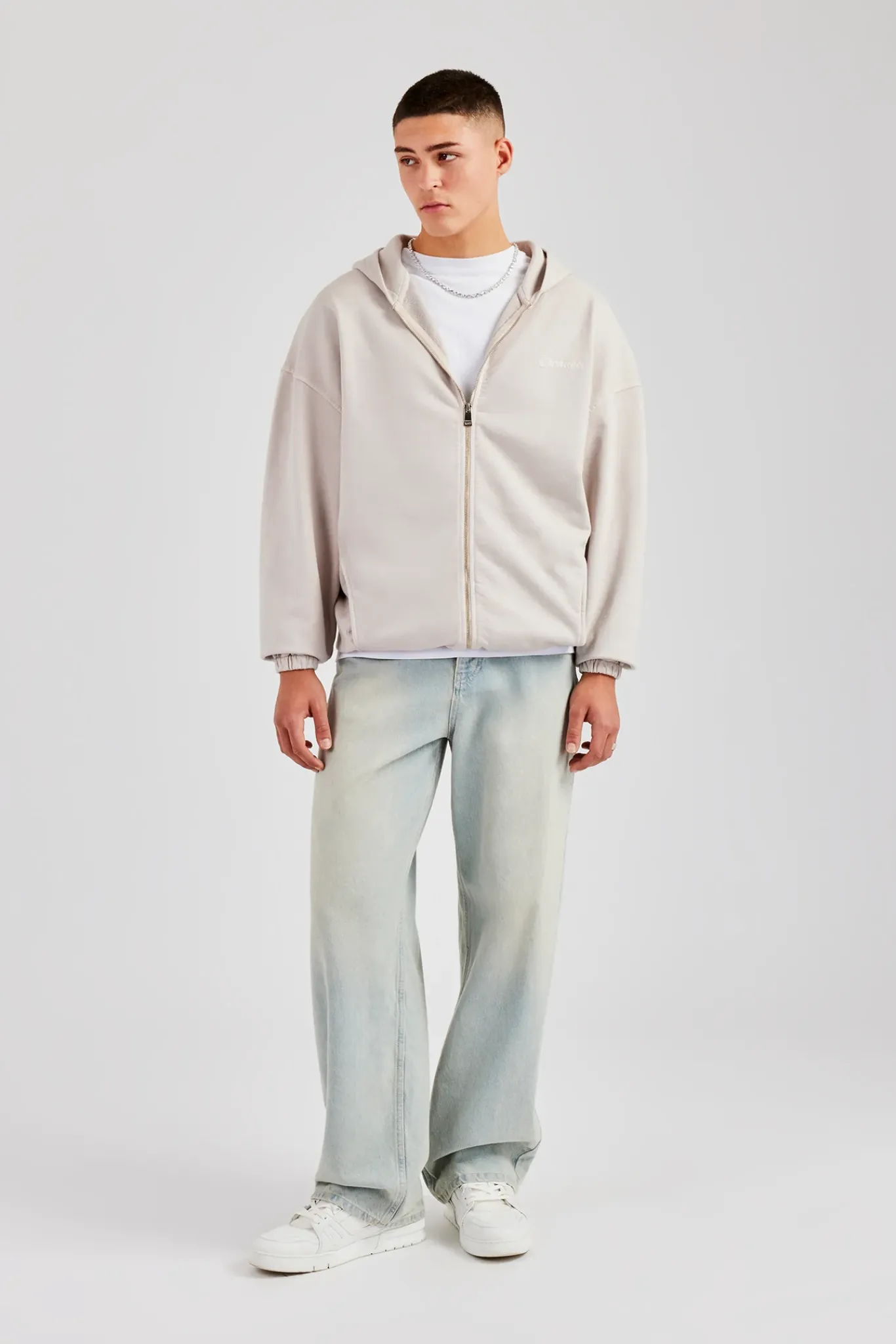 CLO-TOP-HS-HOOD Embroidered Zip Through Hoodie - Washed Stone