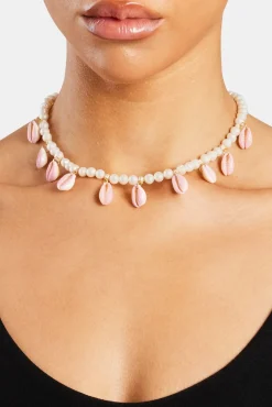 Women JWL-NECK-PRL Freshwater Pearl Pink Cowrie Shell Necklace - Gold