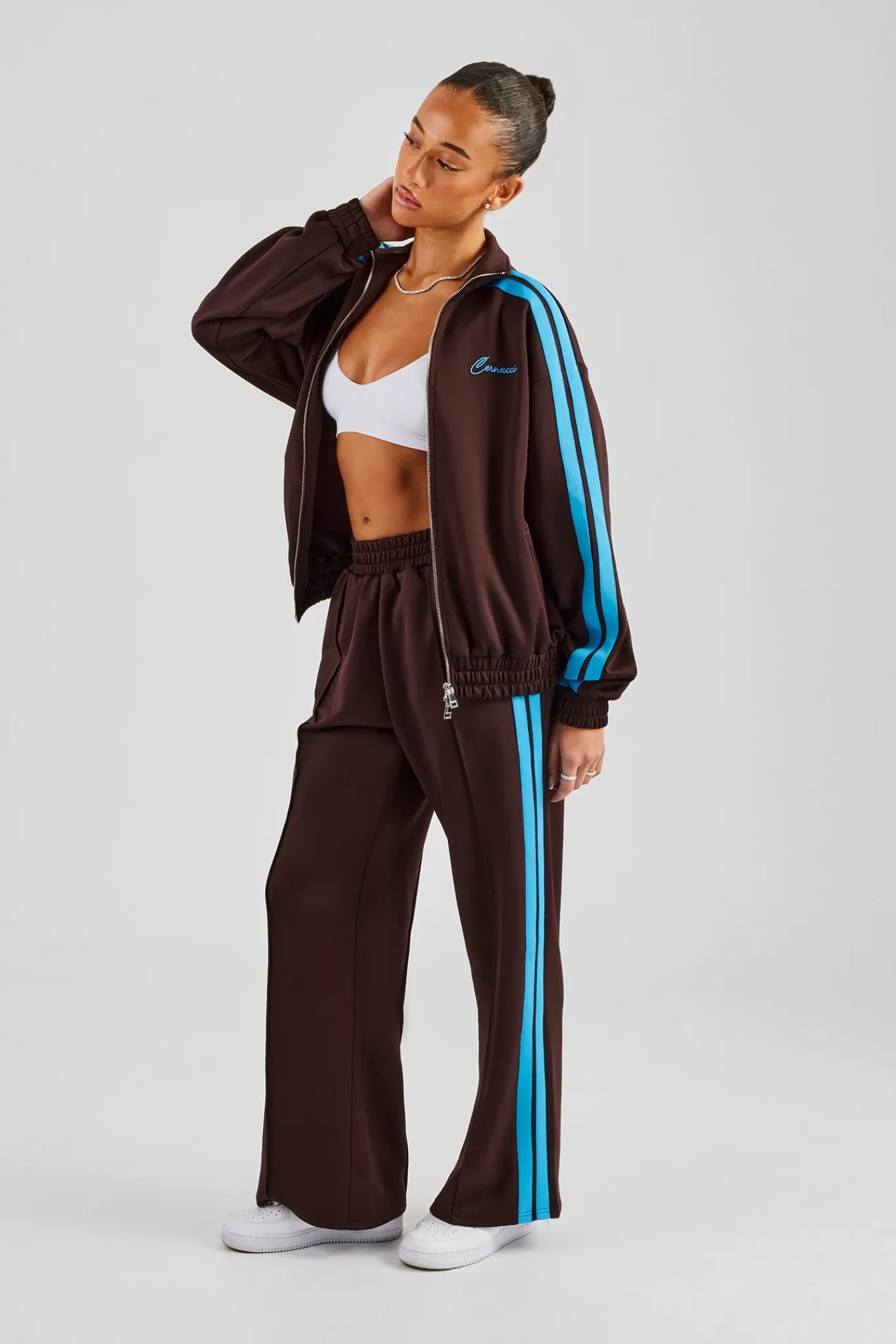Women CLO-SET Funnel Neck Blue Taping Zip Through Tracksuit - Chocolate