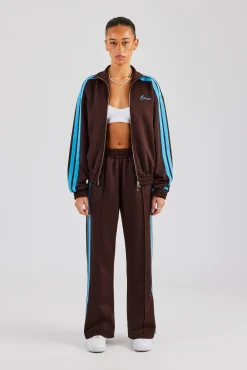 Women CLO-SET Funnel Neck Blue Taping Zip Through Tracksuit - Chocolate