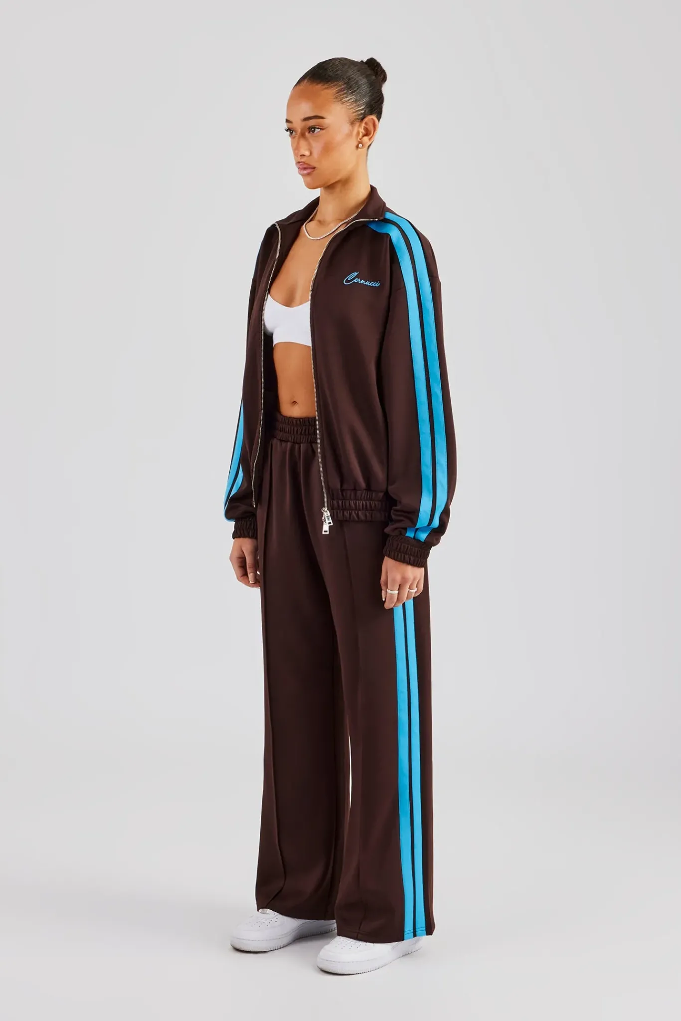 Women CLO-SET Funnel Neck Blue Taping Zip Through Tracksuit - Chocolate