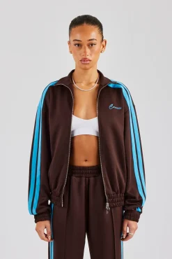 Women CLO-TOP-OUT Funnel Neck Blue Taping Zip Through Track Jacket - Chocolate