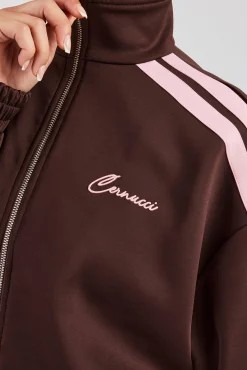 Women CLO-TOP-OUT Funnel Neck Pink Taping Zip Through Track Jacket - Chocolate