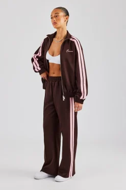 Women CLO-TOP-OUT Funnel Neck Pink Taping Zip Through Track Jacket - Chocolate