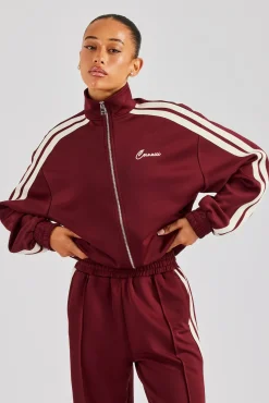 Women CLO-TOP-OUT Funnel Neck Taping Zip Through Track Jacket - Burgundy