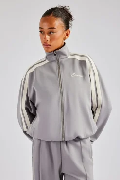 Women CLO-TOP-OUT Funnel Neck Taping Zip Through Track Jacket - Grey