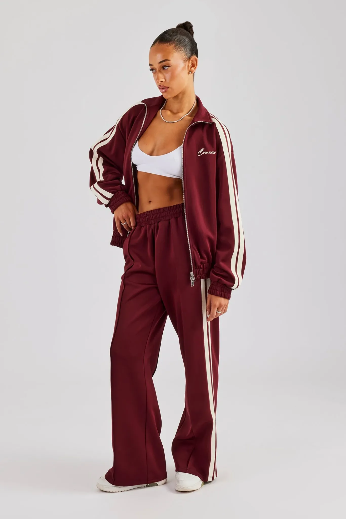 Women CLO-SET Funnel Neck Taping Zip Through Tracksuit - Burgundy