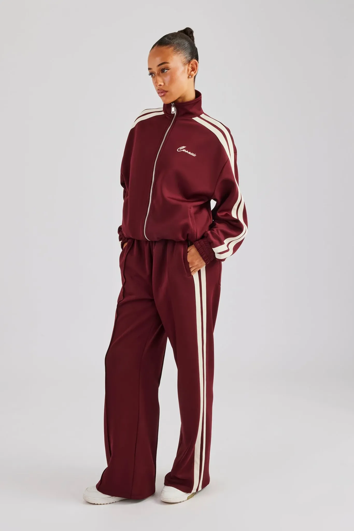 Women CLO-SET Funnel Neck Taping Zip Through Tracksuit - Burgundy