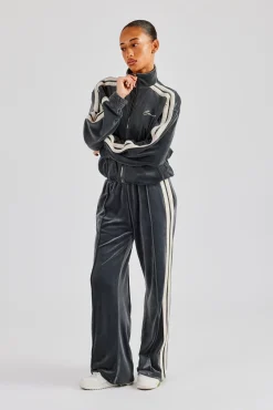 Women CLO-SET Funnel Neck Taping Zip Through Velour Tracksuit - Grey