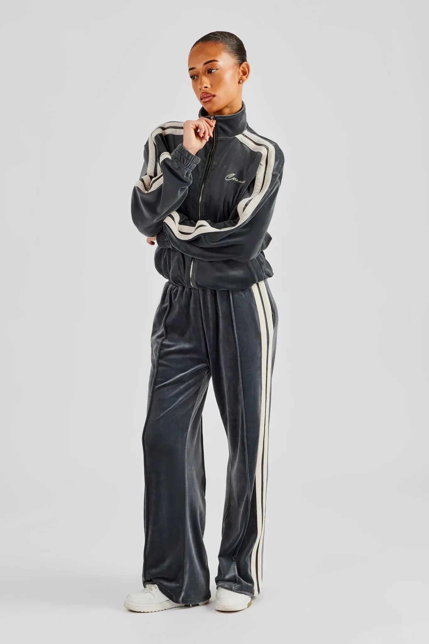 Women CLO-SET Funnel Neck Taping Zip Through Velour Tracksuit - Grey