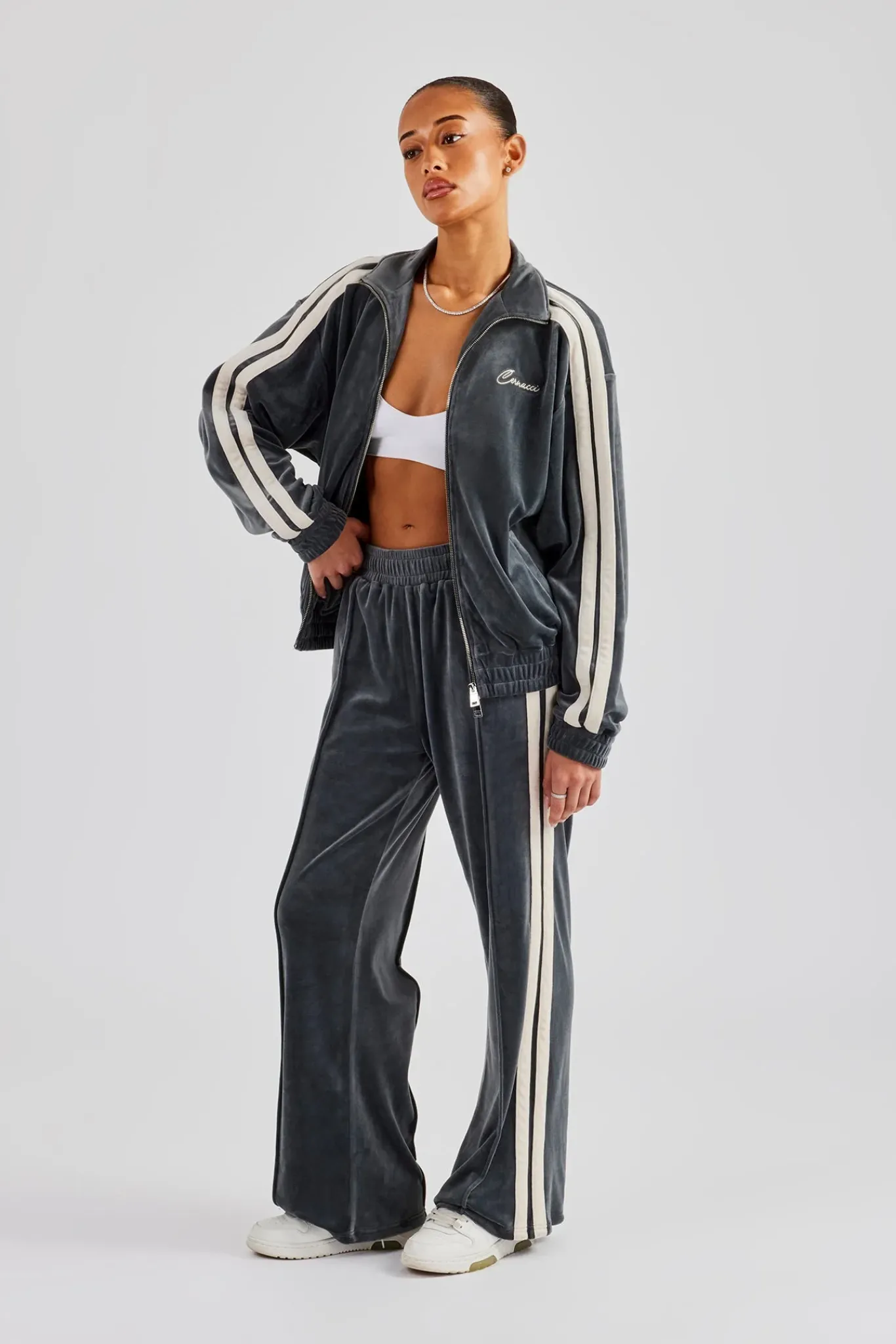 Women CLO-SET Funnel Neck Taping Zip Through Velour Tracksuit - Grey