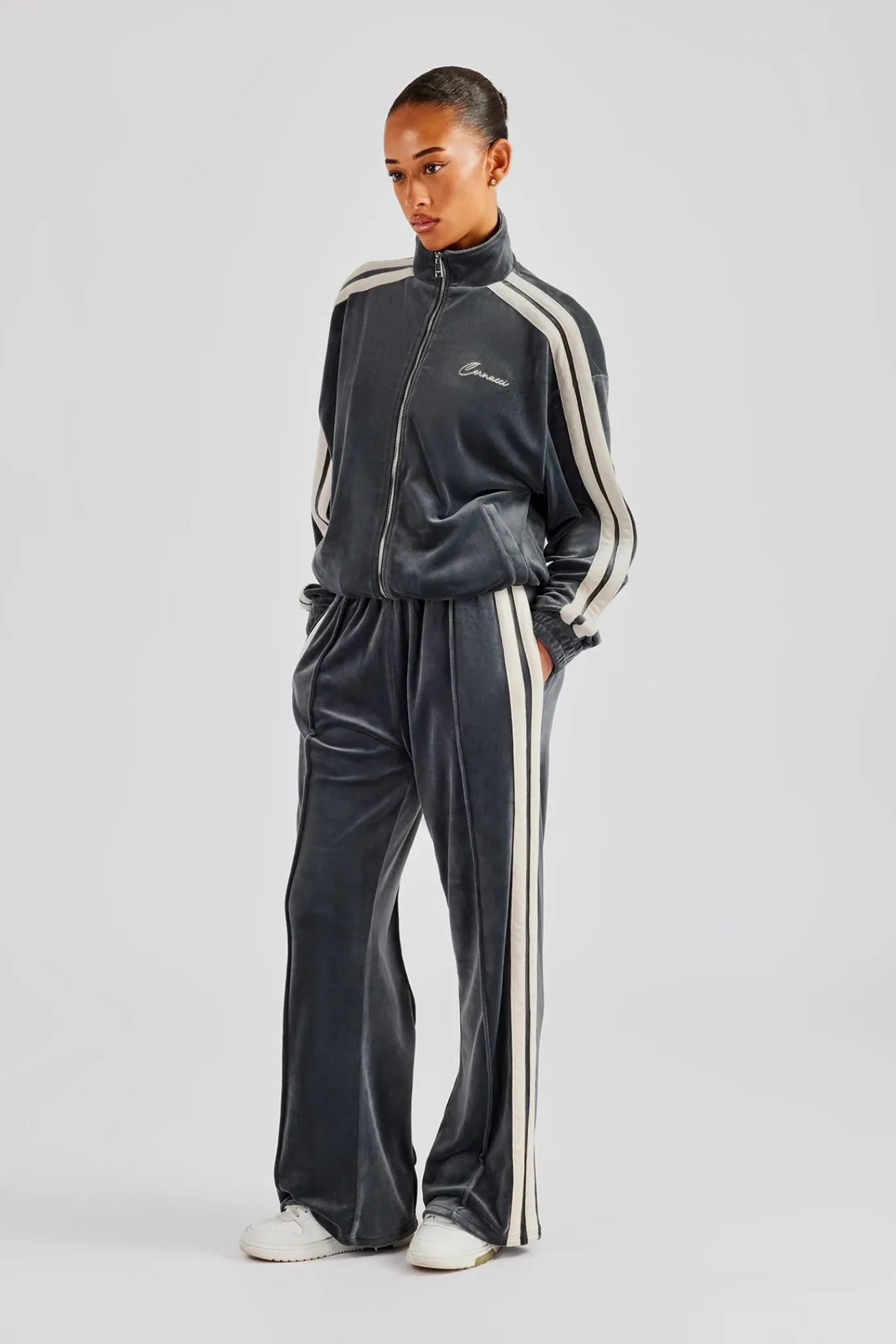 Women CLO-SET Funnel Neck Taping Zip Through Velour Tracksuit - Grey