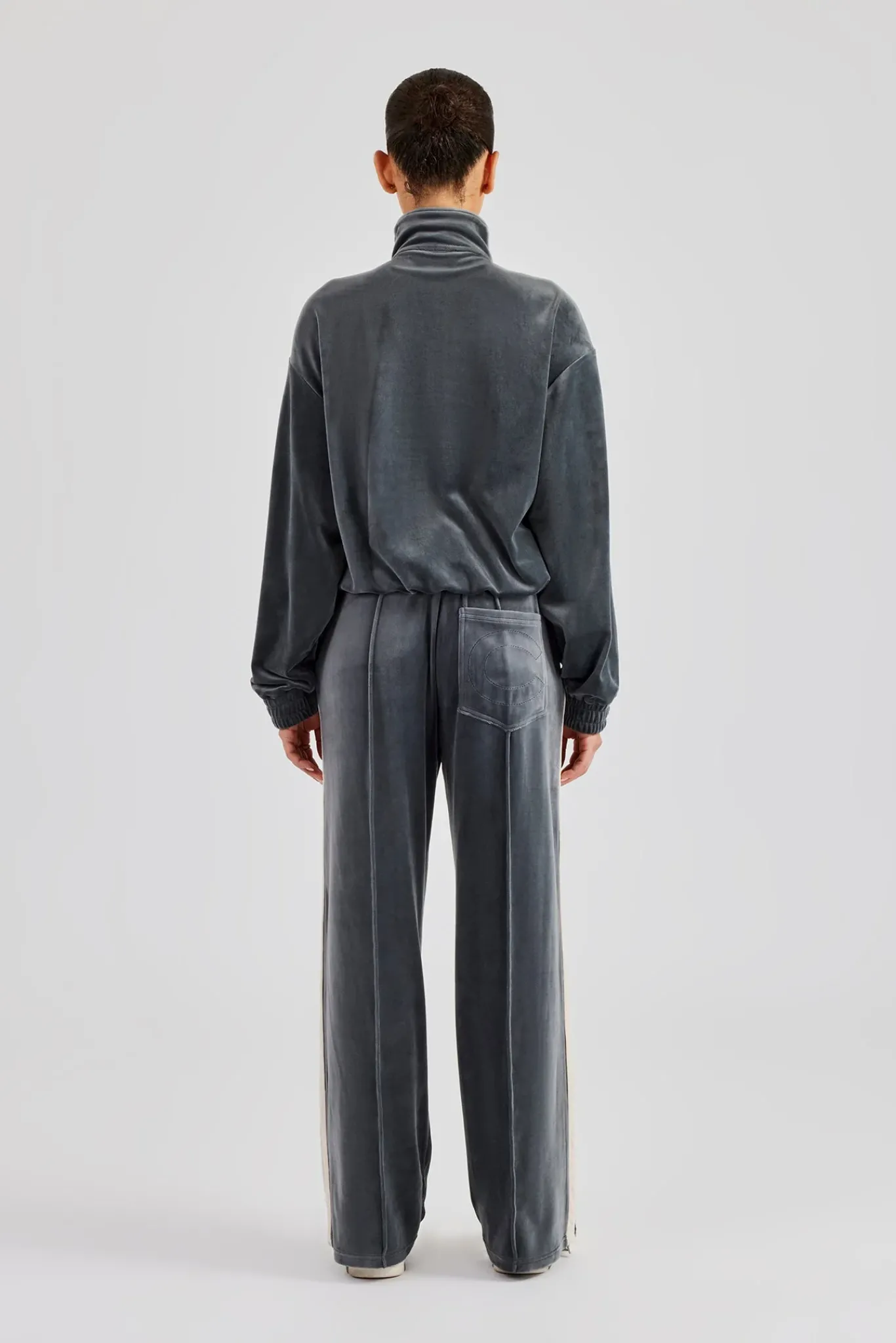 Women CLO-SET Funnel Neck Taping Zip Through Velour Tracksuit - Grey