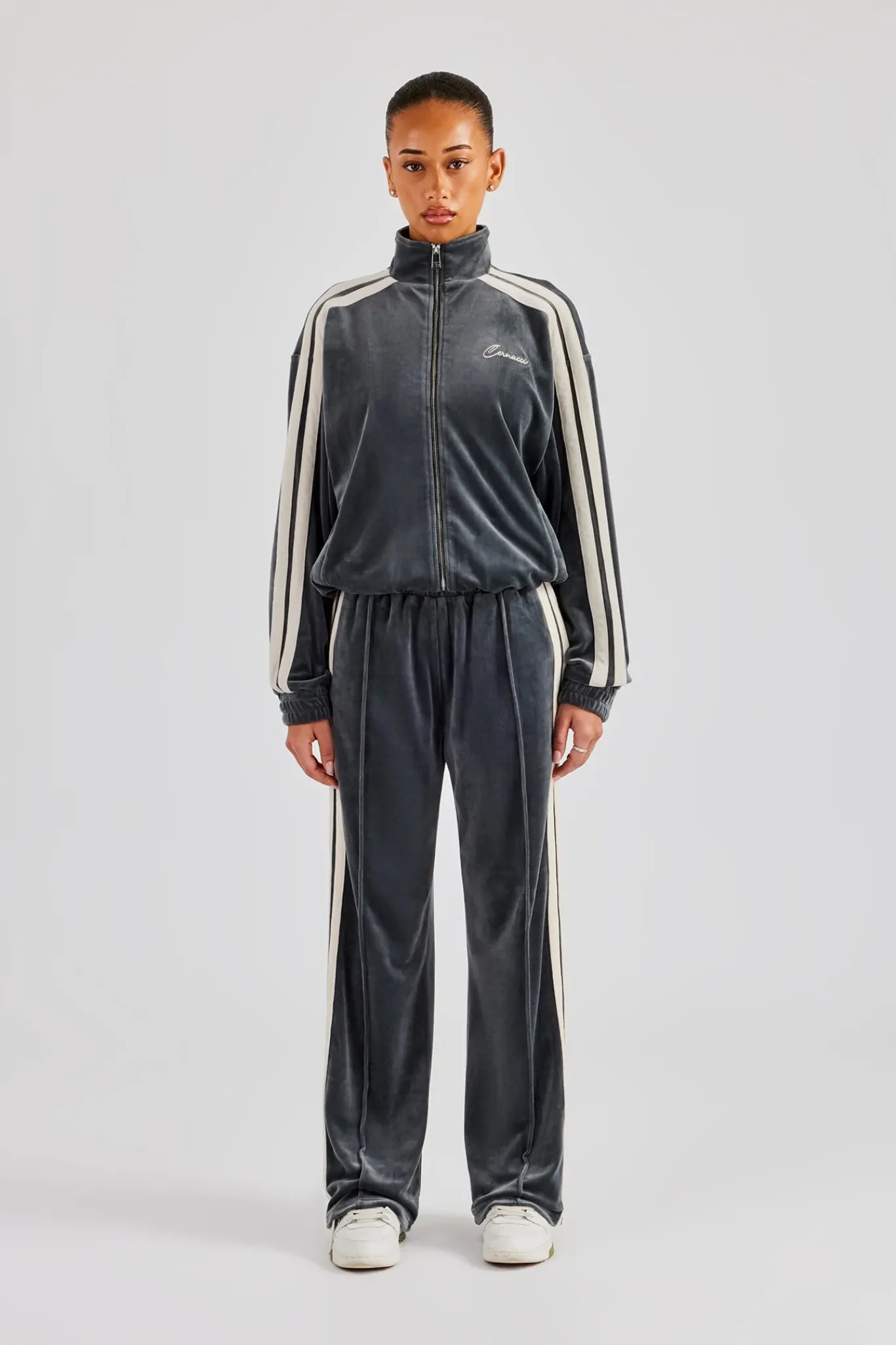 Women CLO-SET Funnel Neck Taping Zip Through Velour Tracksuit - Grey