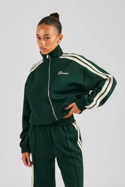 Women CLO-TOP-OUT Funnel Neck Taping Zip Through Track Jacket - Bottle Green