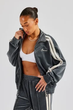 Women CLO-TOP-OUT Funnel Neck Taping Zip Through Velour Track Jacket - Grey