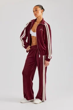 Women CLO-SET Funnel Neck Taping Zip Through Velour Tracksuit - Burgundy