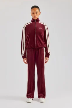 Women CLO-SET Funnel Neck Taping Zip Through Velour Tracksuit - Burgundy