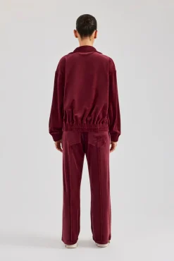 Women CLO-SET Funnel Neck Taping Zip Through Velour Tracksuit - Burgundy