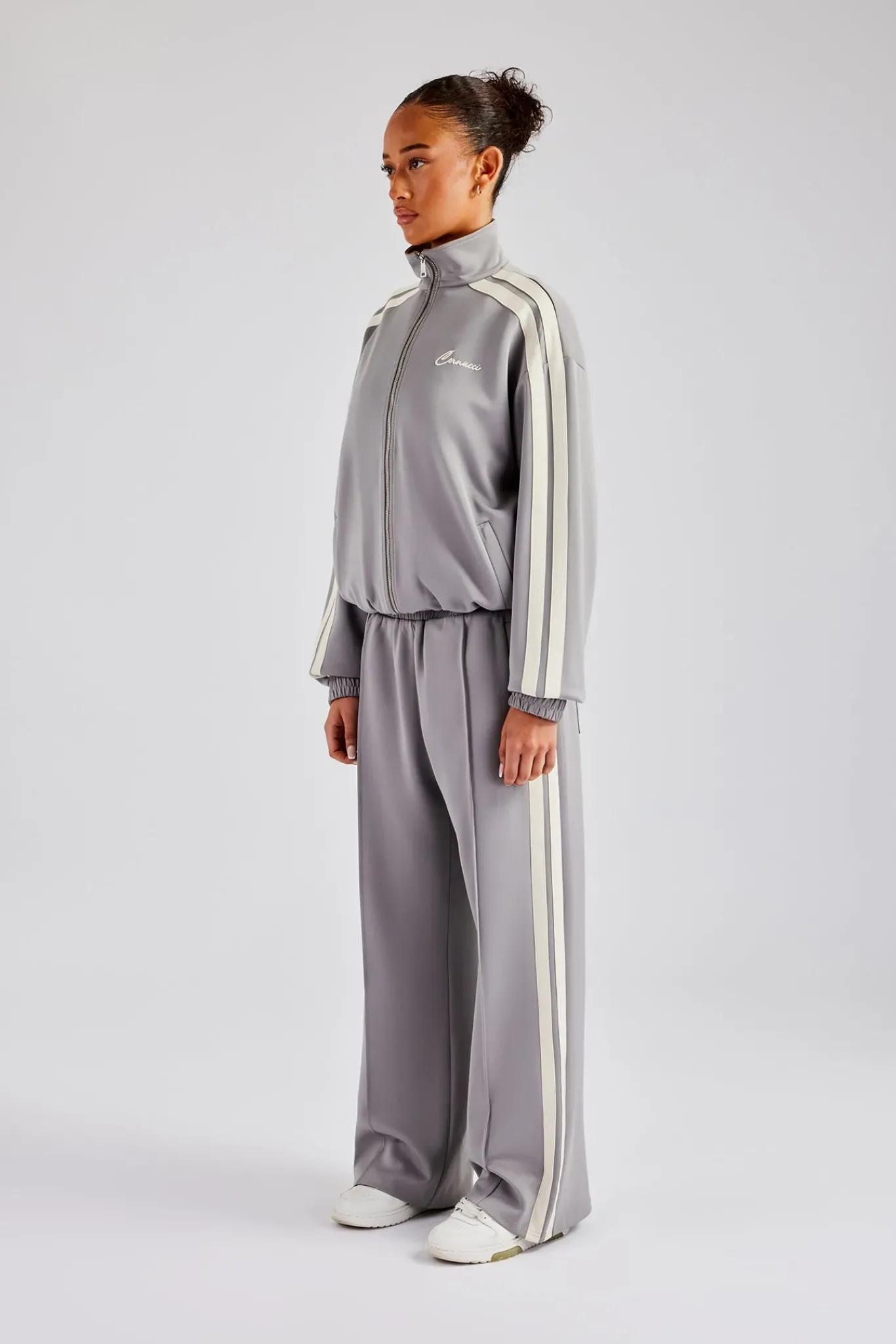 Women CLO-SET Funnel Neck Taping Zip Through Tracksuit - Grey