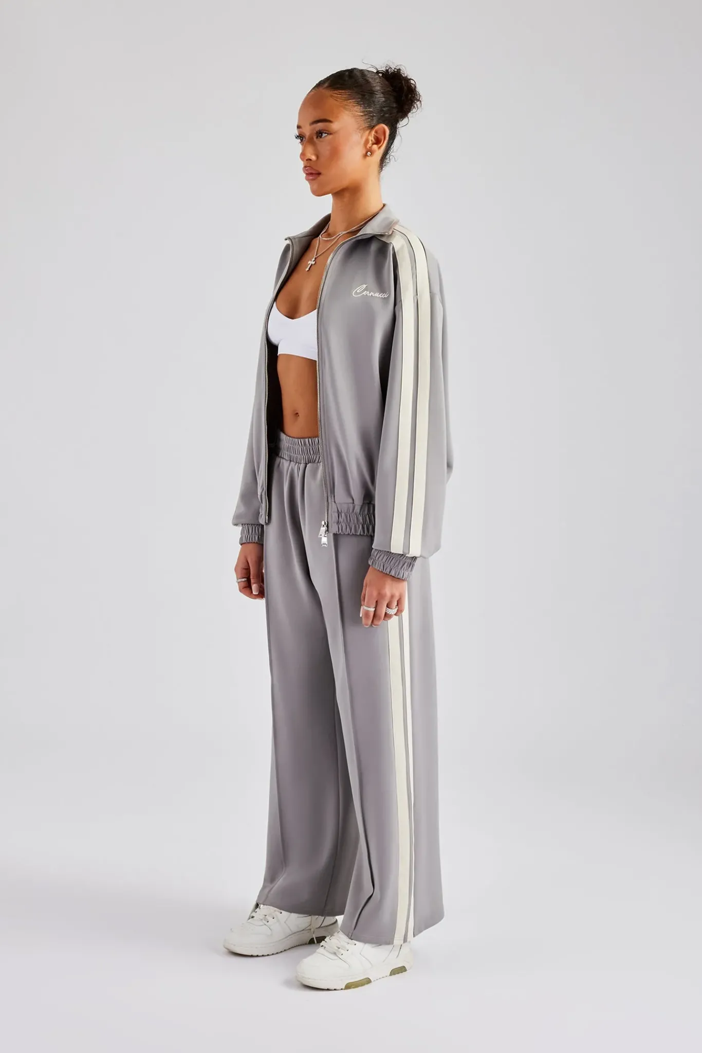 Women CLO-SET Funnel Neck Taping Zip Through Tracksuit - Grey