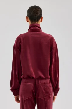 Women CLO-TOP-OUT Funnel Neck Taping Zip Through Velour Track Jacket - Burgundy