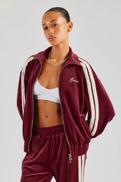 Women CLO-TOP-OUT Funnel Neck Taping Zip Through Velour Track Jacket - Burgundy